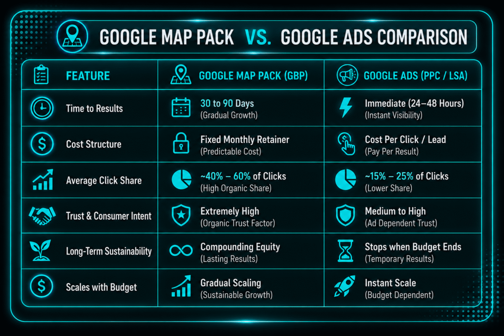 At a Glance: Google Map Pack vs. Google Ads Comparison